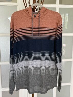 Division Striped Lightweight Hooded Pullover Top XL Rust Navy Gray